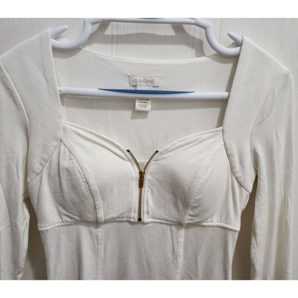 Cache Women's 3/4 Sleeve Zip Sweetheart Neck Knit Corset Style Top White Size XS - Picture 2 of 11